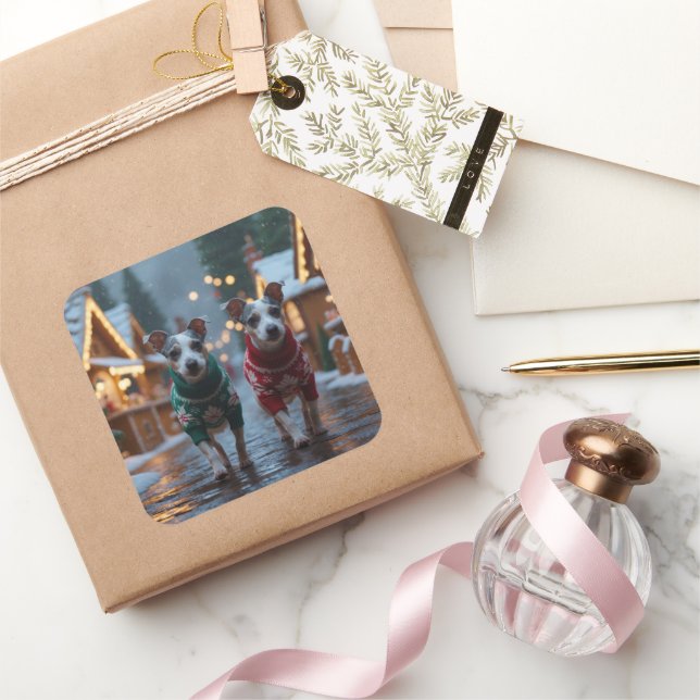 Rat Terrier Dogs Christmas Snow Holiday Square Sticker (Gifting)