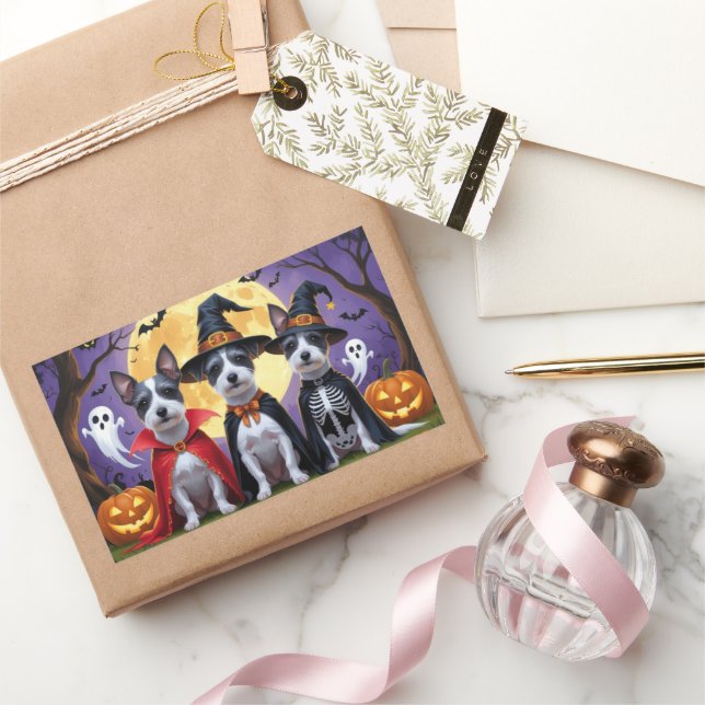 Rat Terrier Dogs Pumpkin Halloween Funny Rectangular Sticker (Gifting)