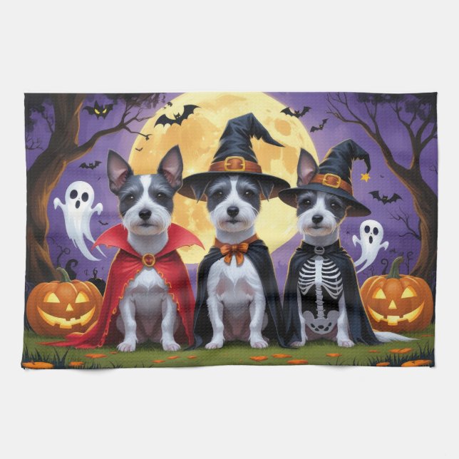 Rat Terrier Dogs Pumpkin Halloween Funny Tea Towel (Horizontal)