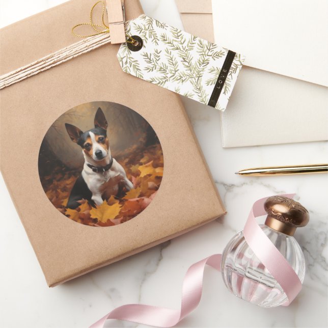 Rat Terrier in Autumn Leaves Fall Inspire  Classic Round Sticker (Gifting)