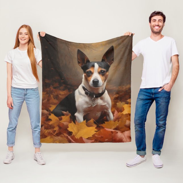 Rat Terrier in Autumn Leaves Fall Inspire  Fleece Blanket (In Situ)