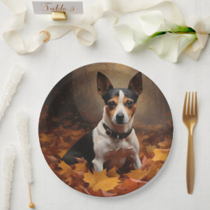 Rat Terrier in Autumn Leaves Fall Inspire Paper Plate