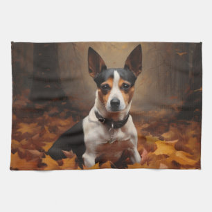 Rat Terrier in Autumn Leaves Fall Inspire Tea Towel