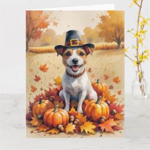 Rat Terrier In Autumn Leaves Thanksgiving Art  Card