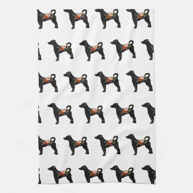 Rat Terrier NN Dog Boho Floral Silhouette Tea Towel (Vertical)