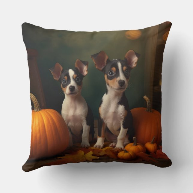 Rat Terrier Puppy Autumn Delight Pumpkin  Cushion (Back)