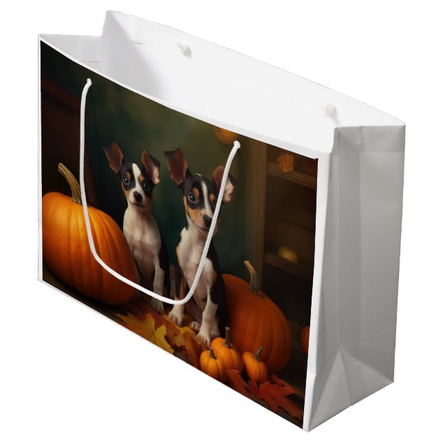 Rat Terrier Puppy Autumn Delight Pumpkin  Large Gift Bag (Front Angled)
