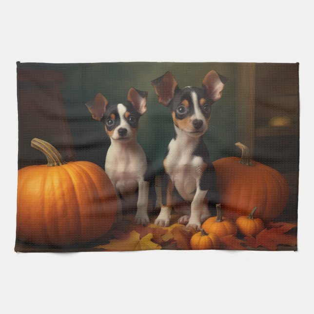 Rat Terrier Puppy Autumn Delight Pumpkin  Tea Towel (Horizontal)