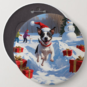 Rat Terrier Running in Snow with Christmas Hat 6 Cm Round Badge