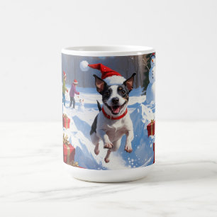 Rat Terrier Running in Snow with Christmas Hat Coffee Mug