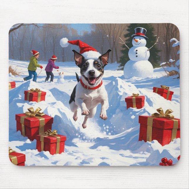 Rat Terrier Running in Snow with Christmas Hat Mouse Mat (Front)