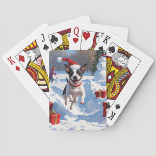 Rat Terrier Running in Snow with Christmas Hat Playing Cards