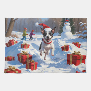 Rat Terrier Running in Snow with Christmas Hat Tea Towel