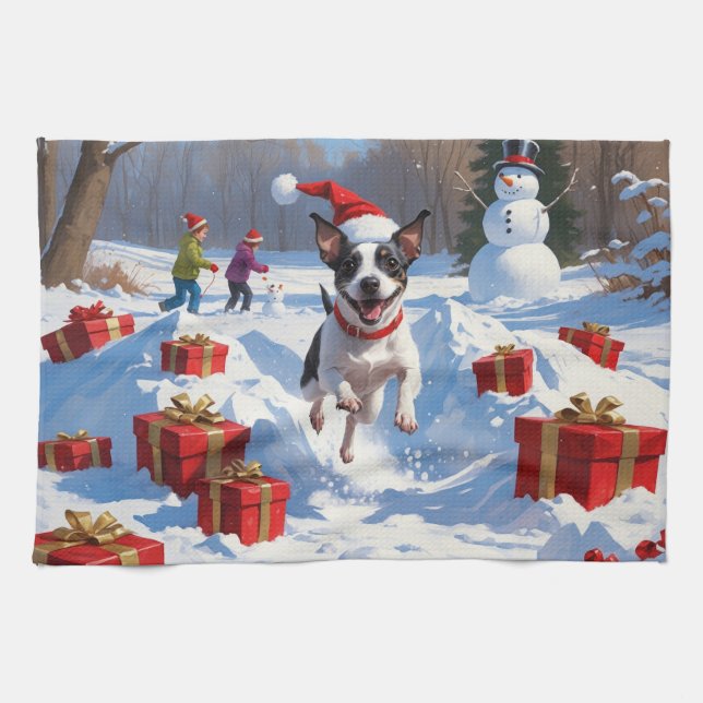 Rat Terrier Running in Snow with Christmas Hat Tea Towel (Horizontal)