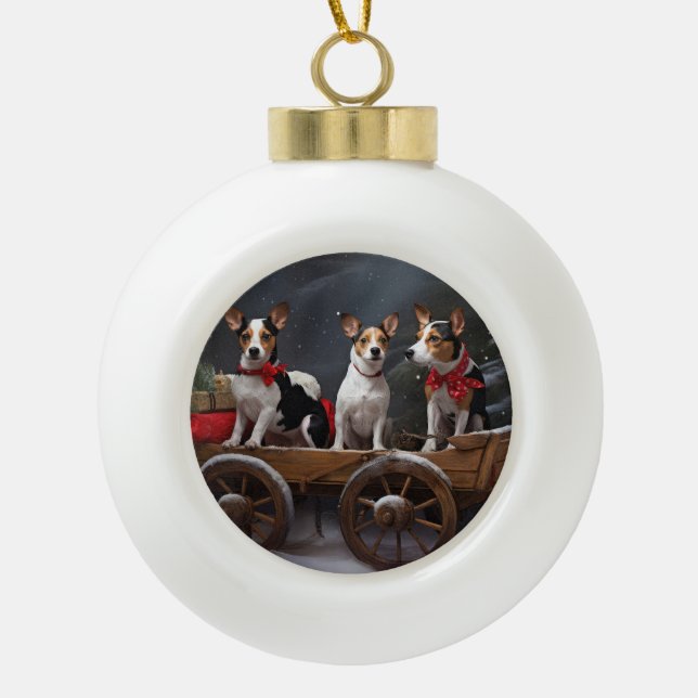 Rat Terrier Snowy Sleigh Christmas Decor Ceramic Ball Christmas Ornament (Front)