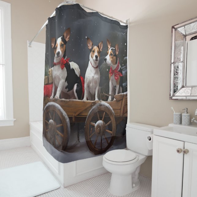 Rat Terrier Snowy Sleigh Christmas Decor Shower Curtain (In Situ)