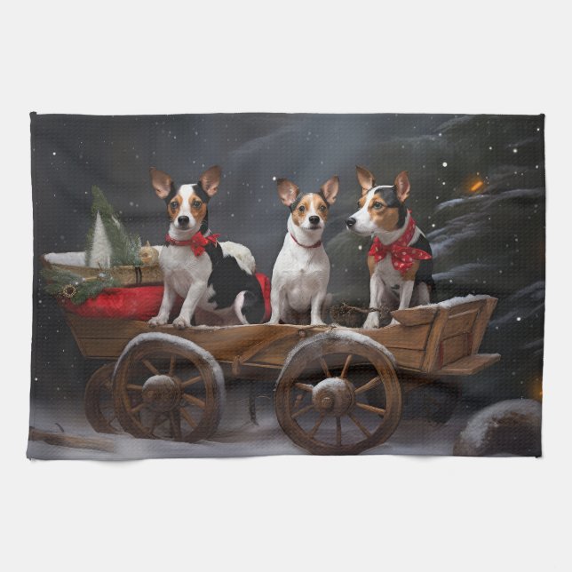 Rat Terrier Snowy Sleigh Christmas Decor Tea Towel (Horizontal)