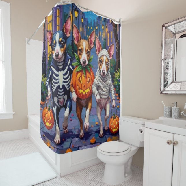 Rat Terrier Trick-or-Treating Halloween Costumes Shower Curtain (In Situ)