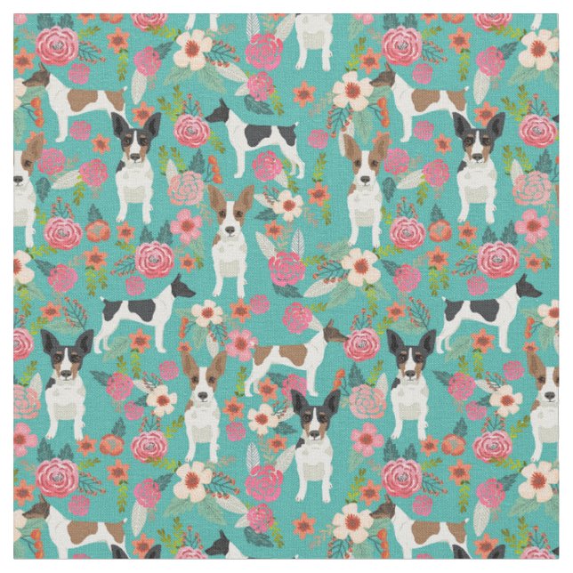 rat terrier vintage florals turquoise fabric (Close Up)