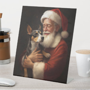 Rat Terrier With Santa Claus Festive Christmas  Pedestal Sign