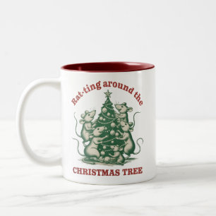 Rat-ting Around The Christmas Tree Funny Xmas Rat Two-Tone Coffee Mug