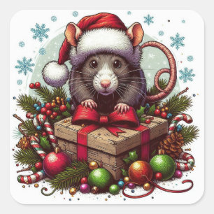 Rat wearing santa hat Christmas presents Art Square Sticker