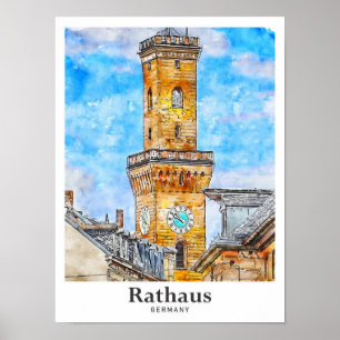 Rathaus Germany Travel Watercolor Hand Drawn Poster