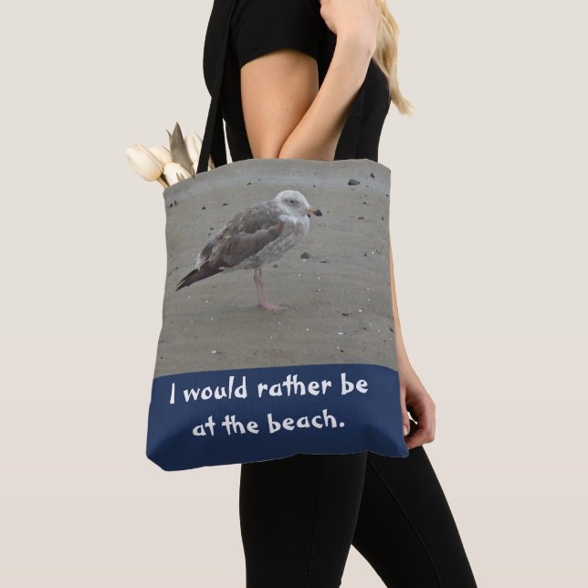 Rather Be at the Beach Painted Seagull Sand Bird Tote Bag (Close Up)