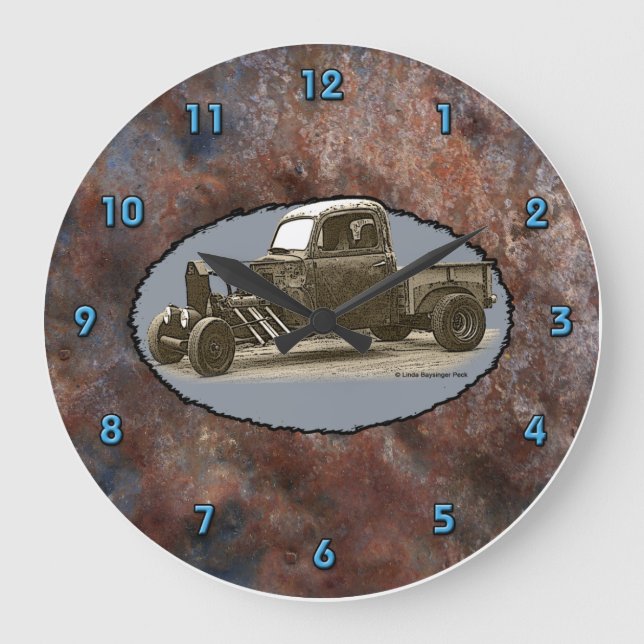 Ratrod Truck Rusty Metal Blue Numbers Large Clock (Front)