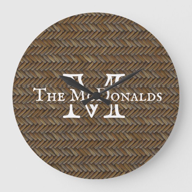 Rattan Wicker Boho Monogram Basketweave   Large Clock (Front)