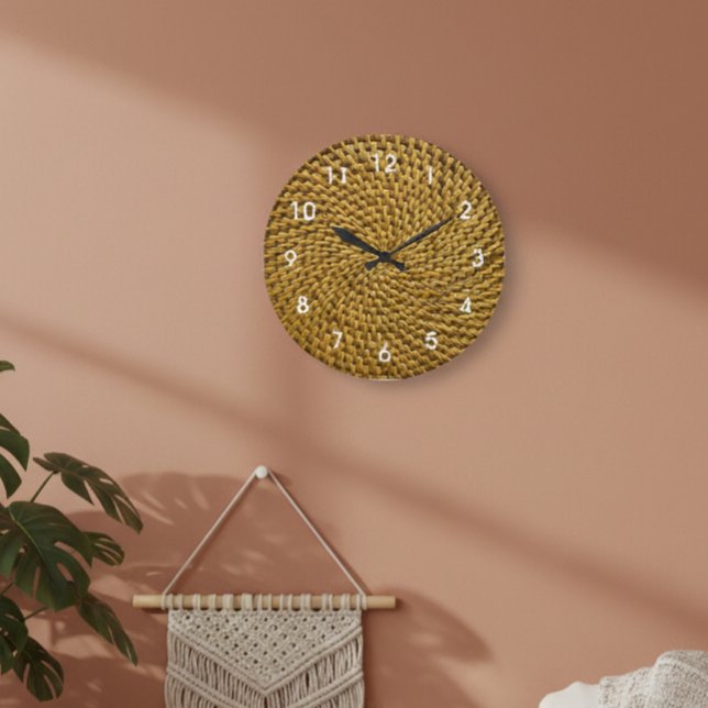 Rattan Wicker Look Boho Monogram Basketweave   Large Clock (Creator Uploaded)