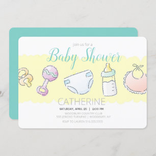 Rattle, Bottle, Diaper, Bib and Pacifier Shower Invitation