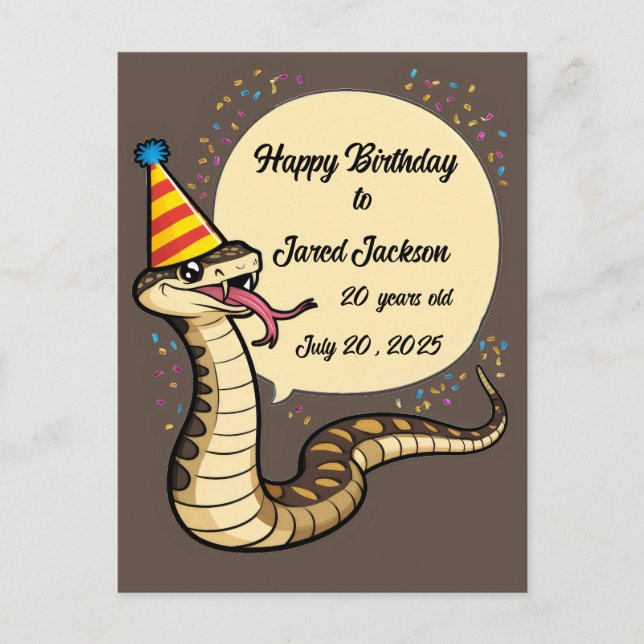 Rattle snake wearing birthday hat cartoon postcard (Front)