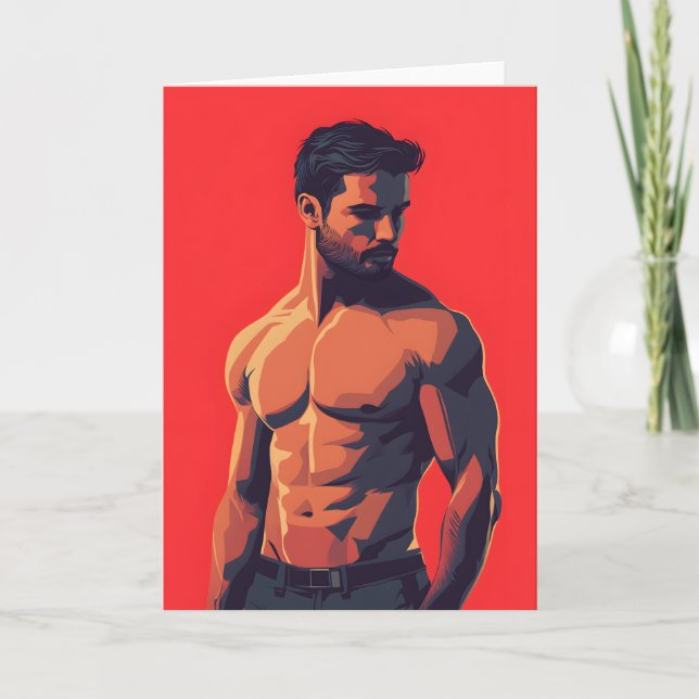 Raunchy in Red Gay Greetings Card (Front)