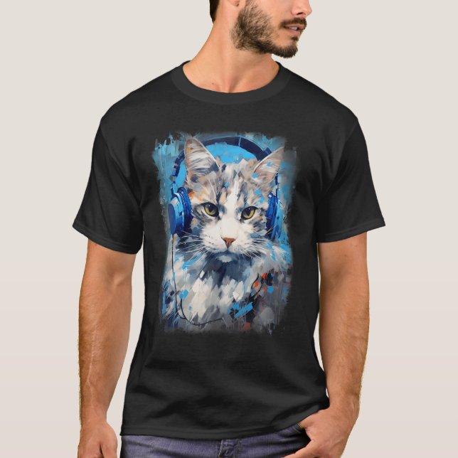 Rave EDM Ragamuffin Cat Headphone T-Shirt (Front)