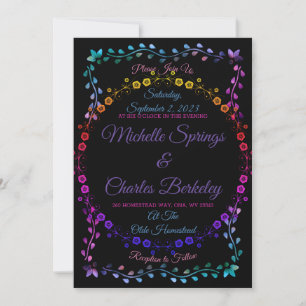 Rave Neon Glow Floral Black Wedding Invitation