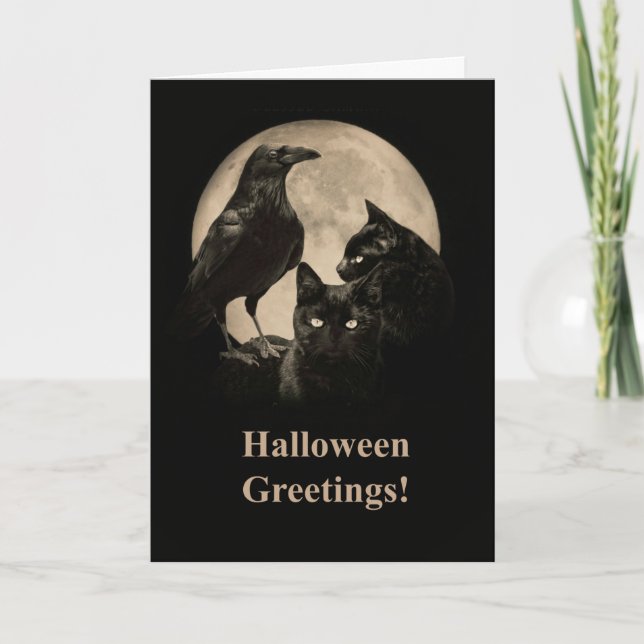 Raven and Black Cats Happy Halloween Card (Front)