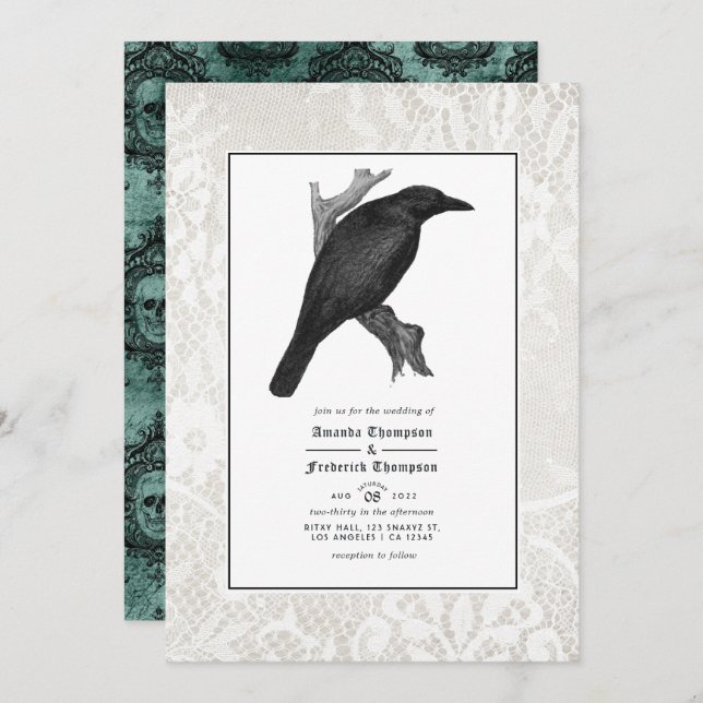 Raven and Lace Gothic Wedding Invitation (Front/Back)