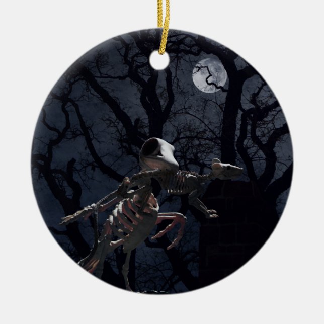 Raven and Rat Skeleton in Moonlight Ceramic Tree Decoration (Front)