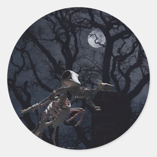 Raven and Rat Skeleton in Moonlight Classic Round Sticker (Front)