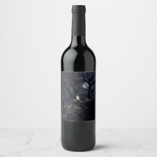 Raven and Rat Skeleton in Moonlight - Halloween Wine Label
