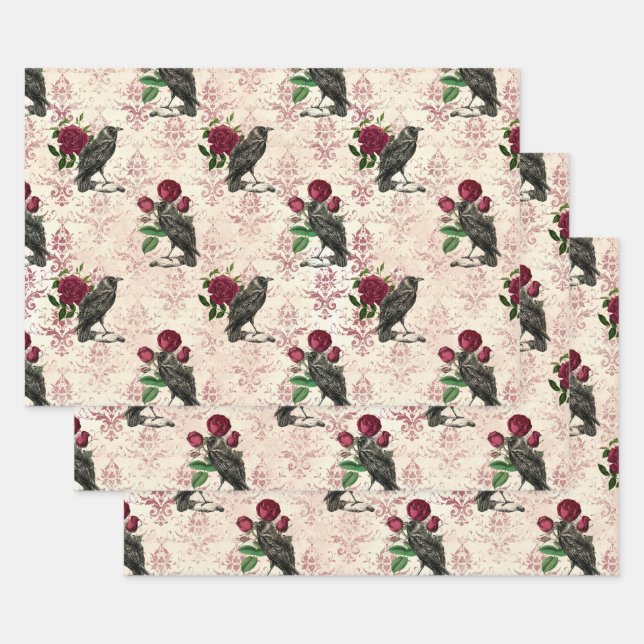 Raven and Roses Damask Wrapping Paper Sheet (Set)