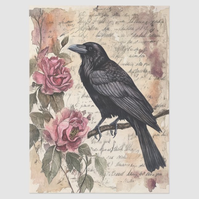 Raven and Roses Vintage Ephemera Decoupage Tissue Paper (Front)