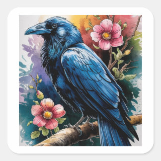 Raven and Roses Watercolor  Square Sticker