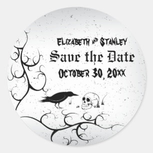 Raven and skull Gothic wedding Save the Date Classic Round Sticker