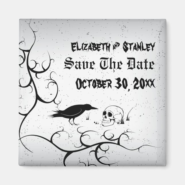 Raven and skull Halloween wedding Save the Date Magnet (Front)