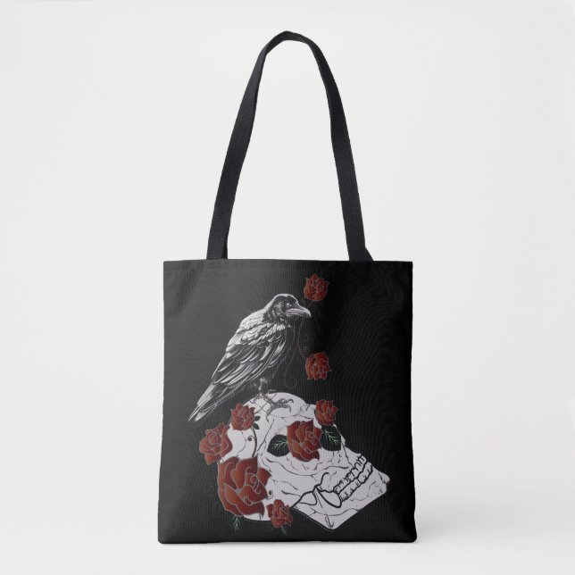 Raven and Skull Red Roses Shopping Bag (Front)