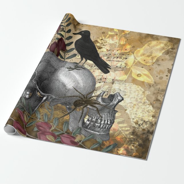 Raven and Skulls Wrapping Paper (Unrolled)