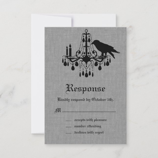 Raven and Spider Damask Grey Linen RSVP Card (Front)