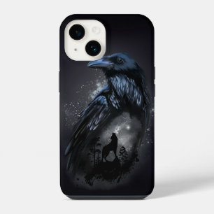 Raven and wolf that howls at the moon iPhone 14 case